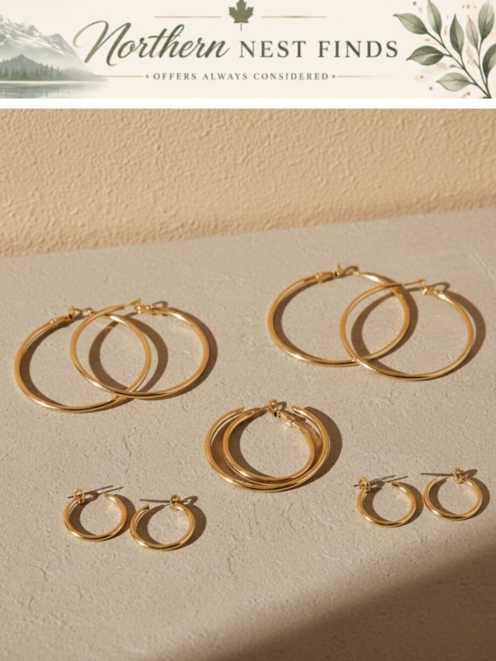 Large Gold Plated Hoop Earrings Set Thin Stainless Steel Lightweight 5 Pairs